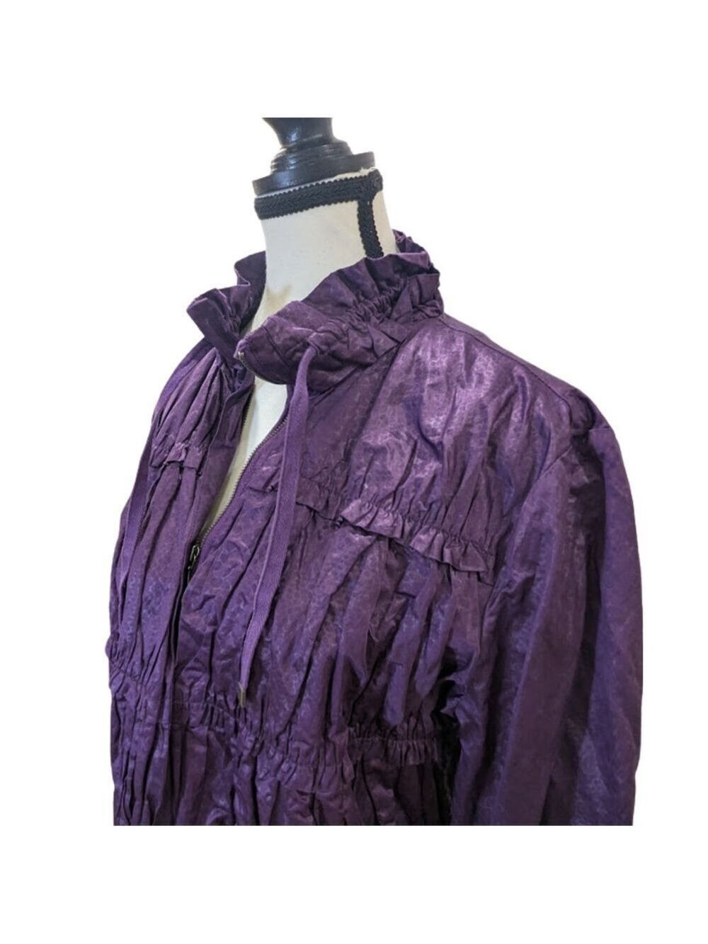 Chico’s Purple Lightweight Utility Jacket Windbreaker Ruffle Quiet Luxury Size 1